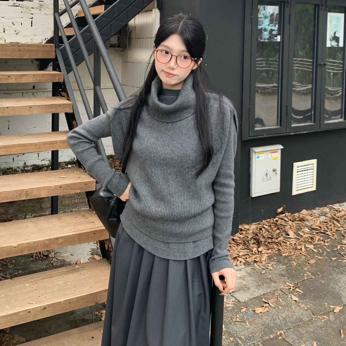 三七灰色高领背心针织长袖两件套