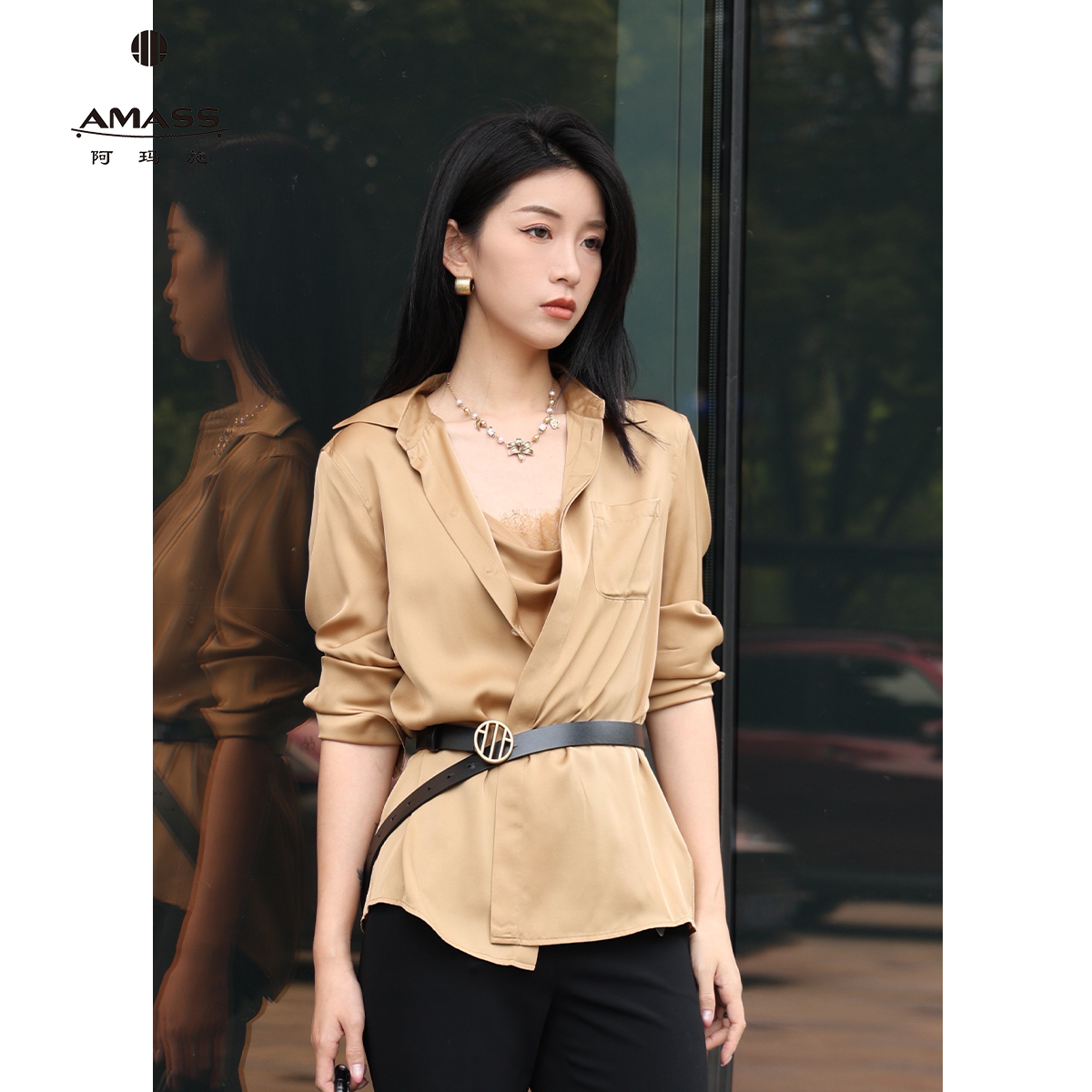 AMASS/阿玛施新款经典长袖衬衫琥珀流光气质丝质翻领衬衣530048