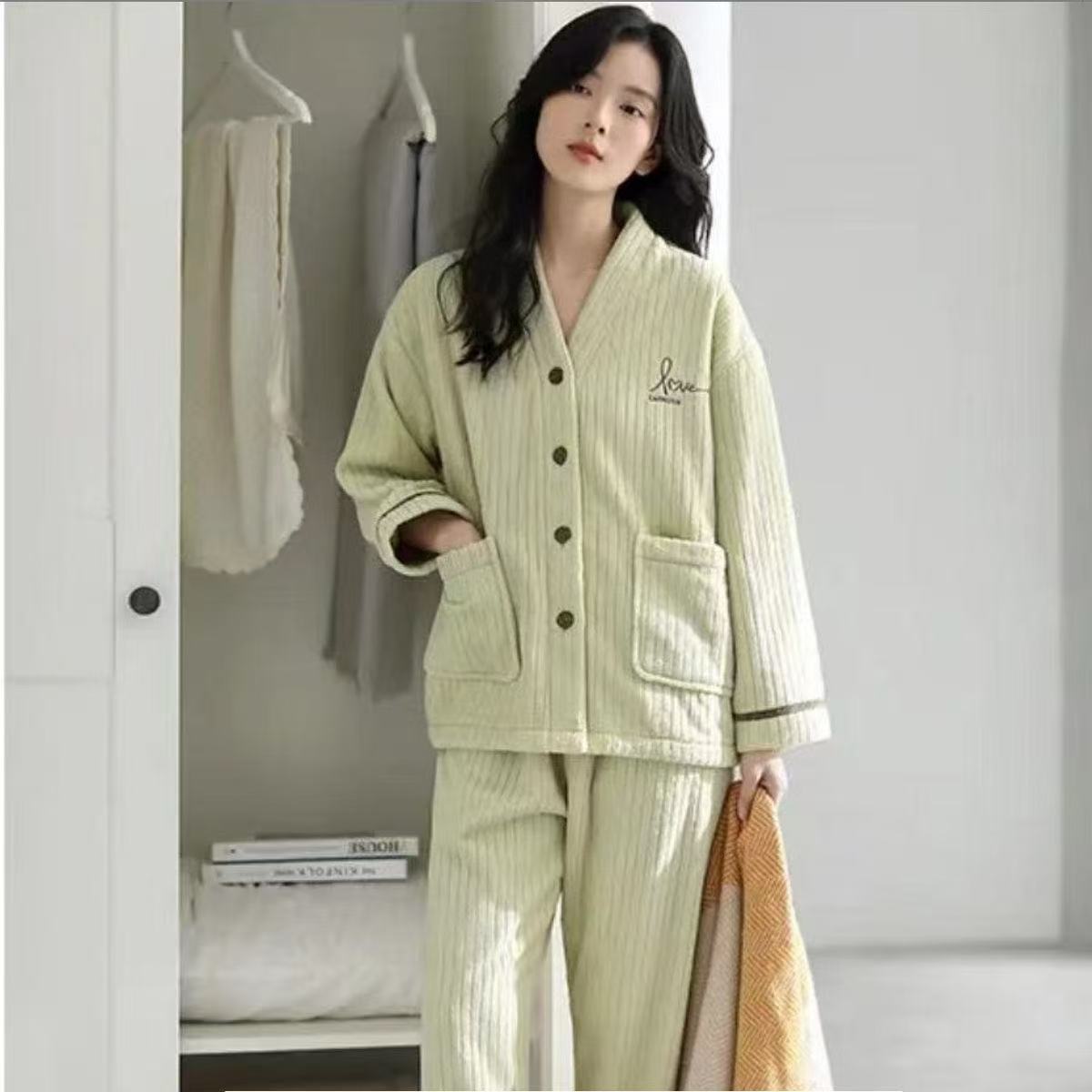 【反季清仓】冬季加绒加厚保暖女士长袖家居服套装外穿开衫2件套