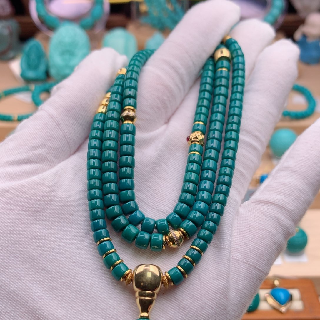 绿松石珠宝奇石18K金镶嵌直切108