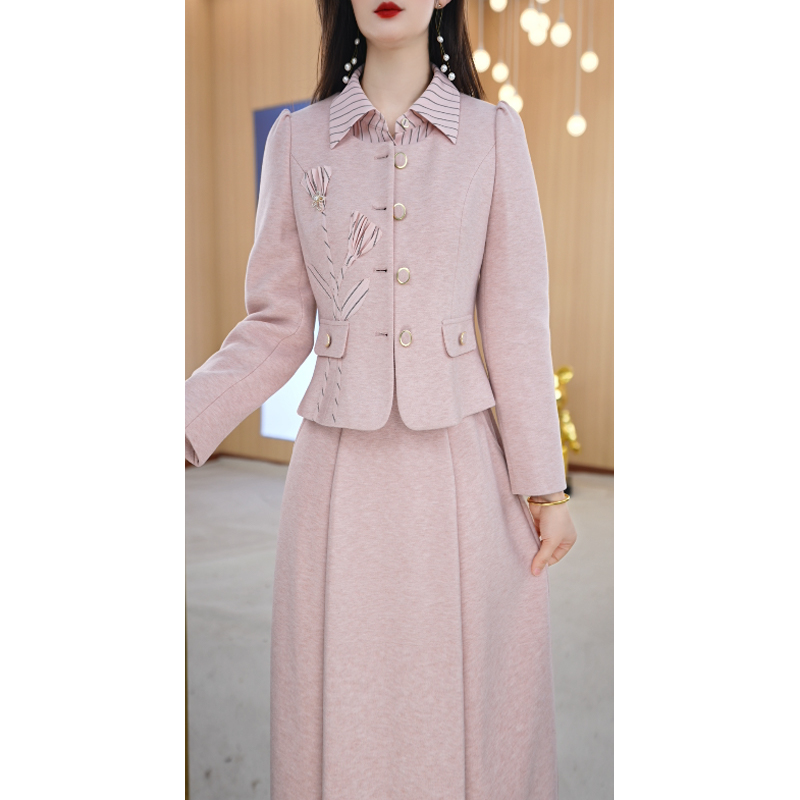 【两件套】春季设计感翻领气质时尚优雅中长款两件套套装M-4XL