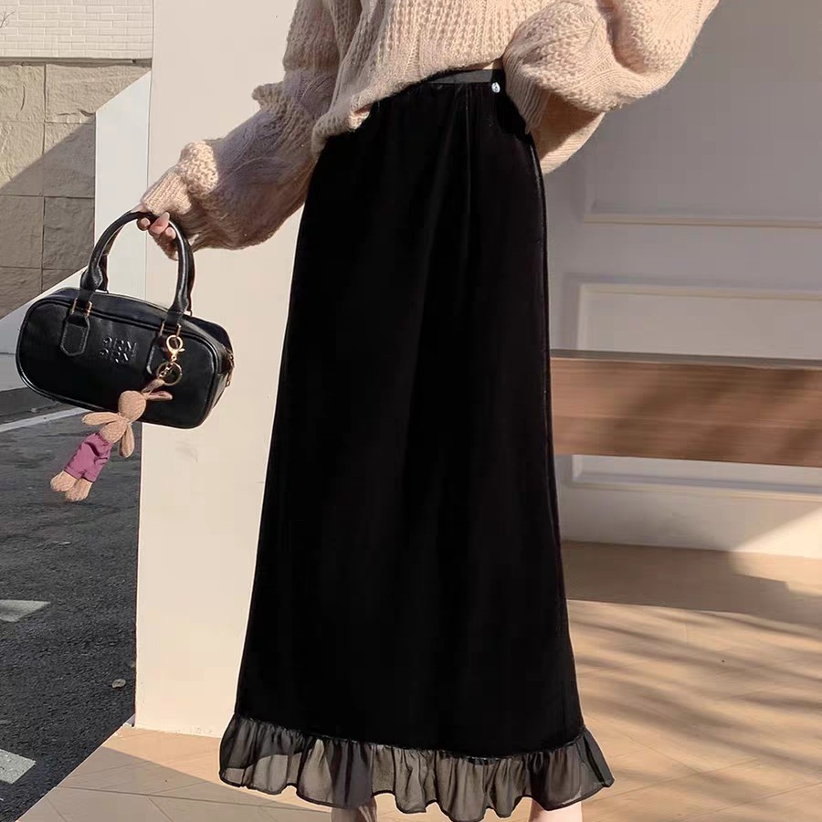 松紧腰金丝绒木耳边拼接开叉半身裙秋冬气质百搭显瘦中长款裙子