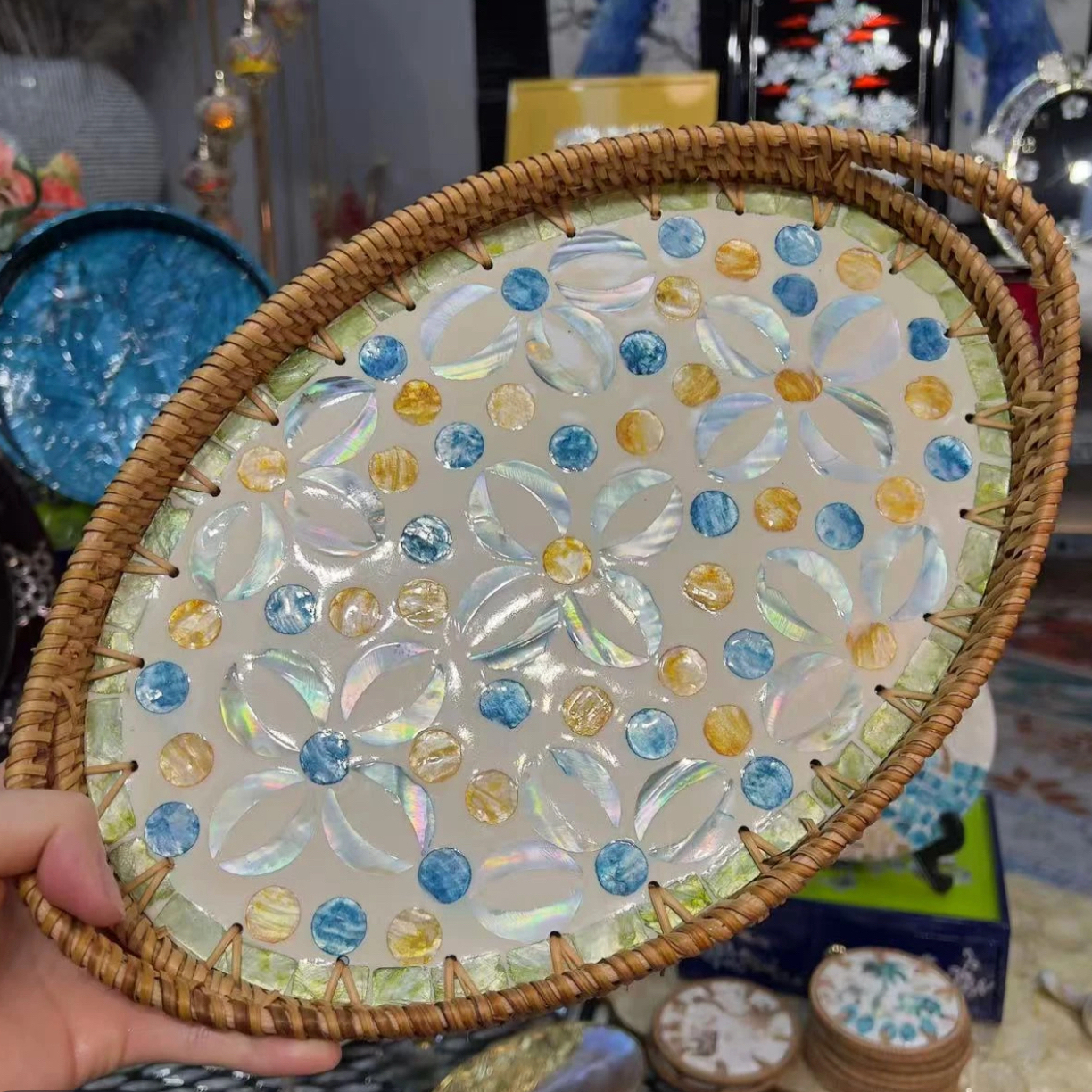 蓝色茉莉越南藤编提耳椭圆盘水果盘30*20*3cm