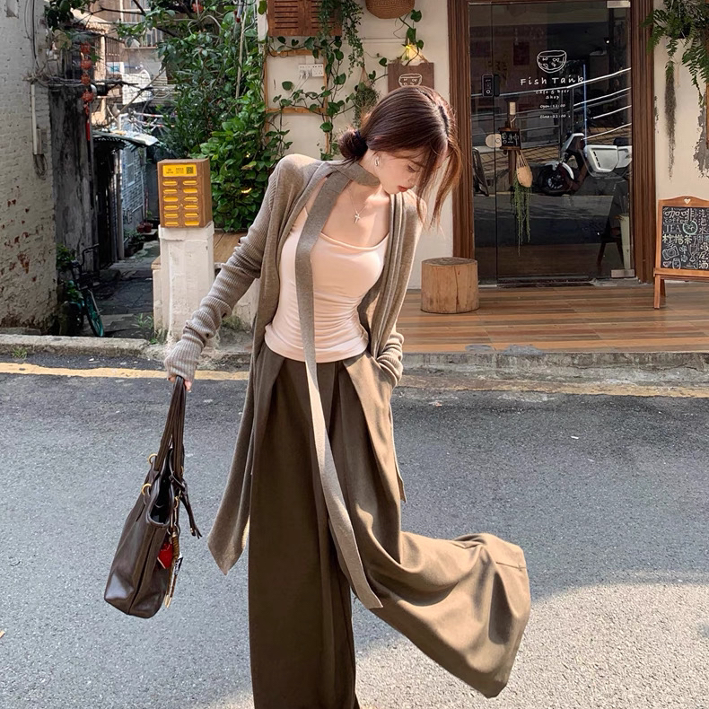针织开衫+背心+宽松阔腿休闲裤套装(配飘带)5707-5