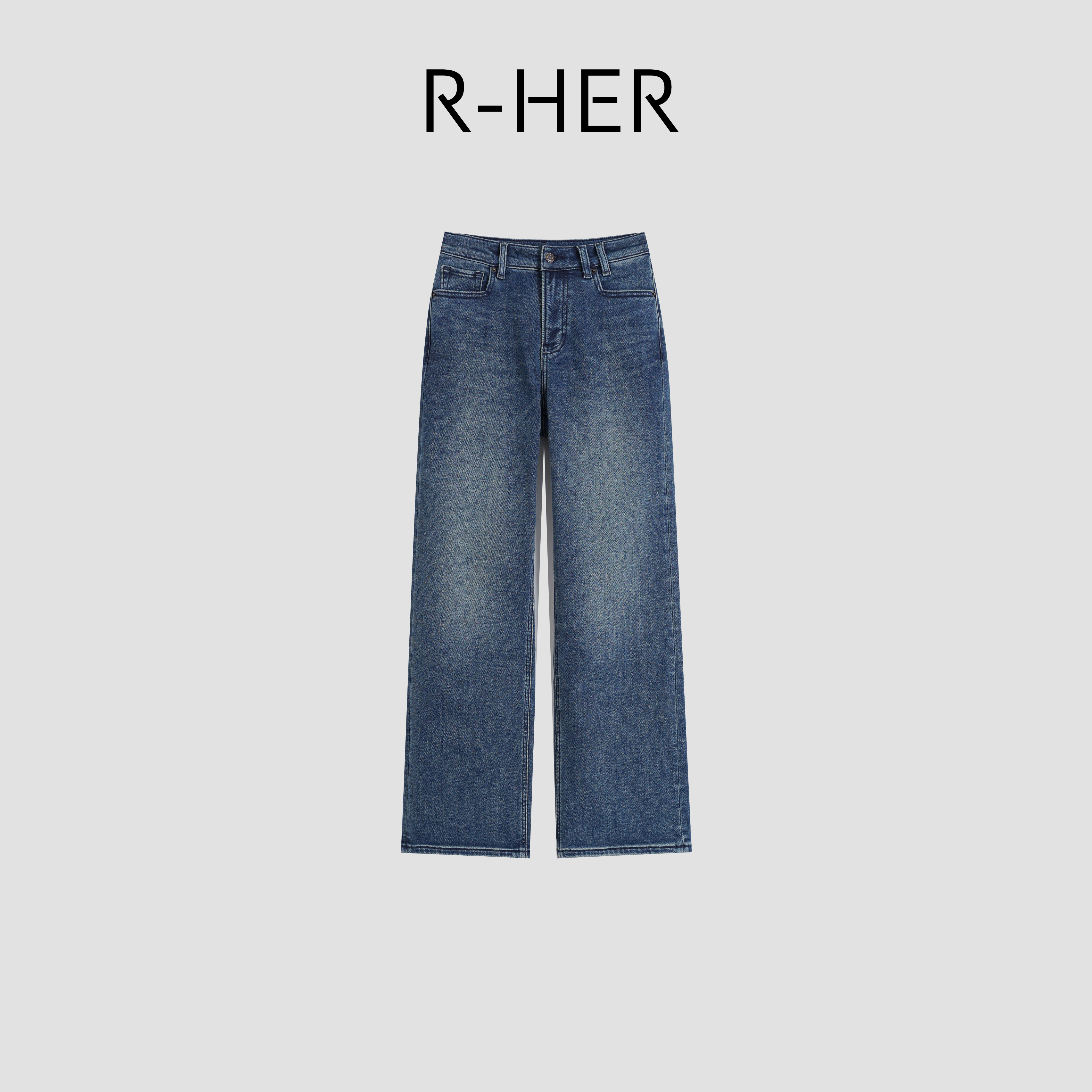 R-HER“滩涂洗蓝”通勤高腰做旧纹理休闲风松弛水洗蓝牛仔裤KN817