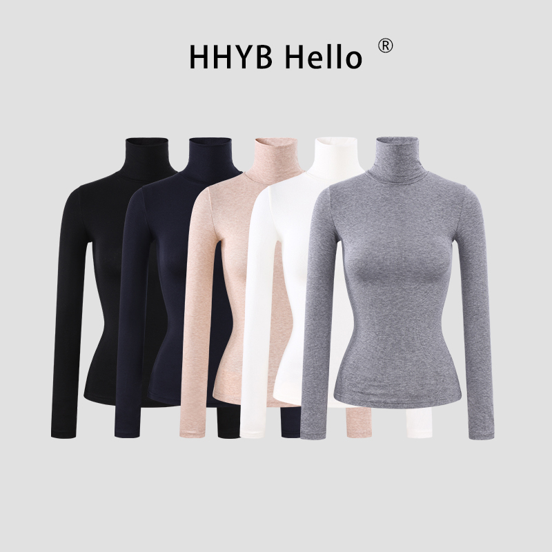 HHYB Hello简约长袖T恤女秋冬弹力高领修身打底针织衫251004