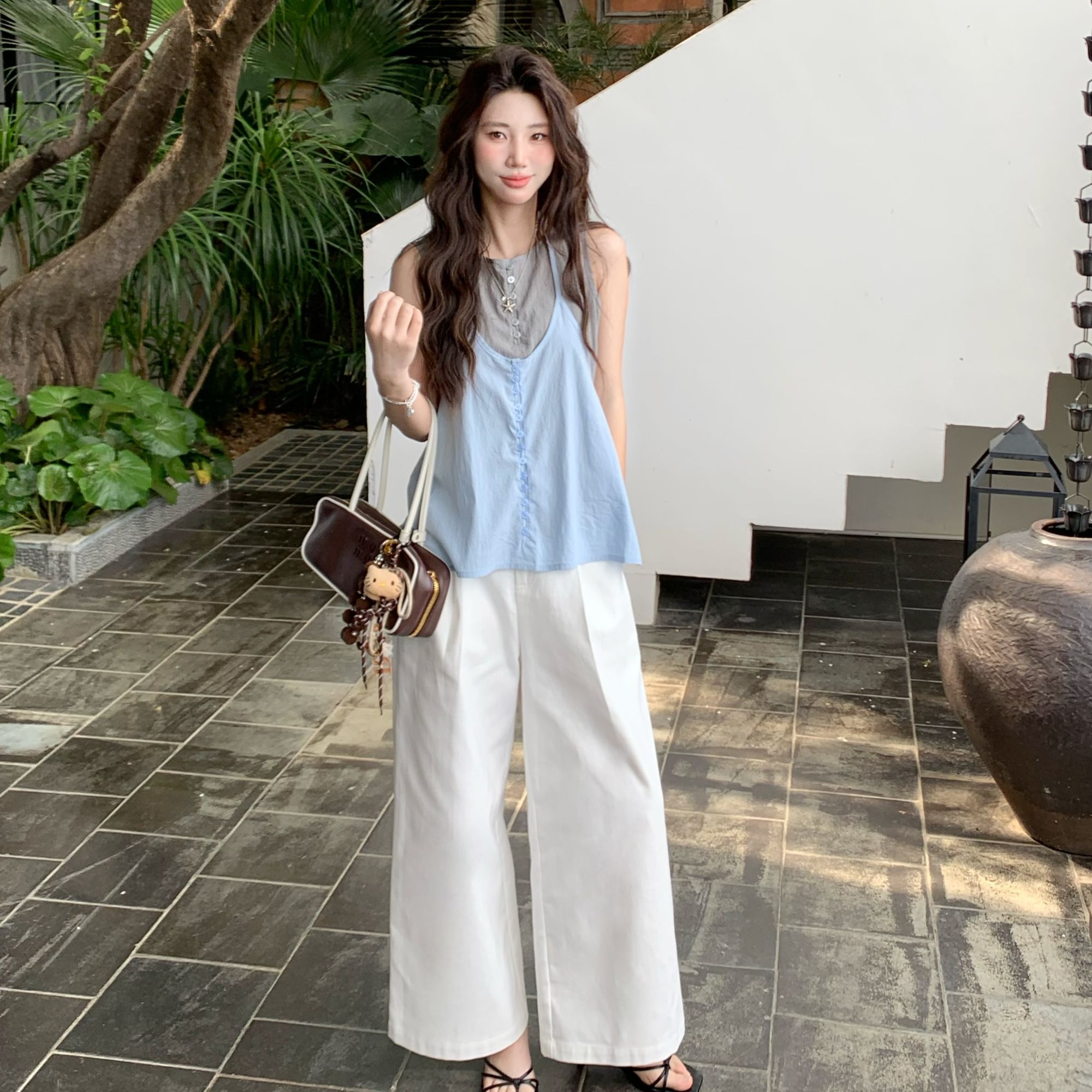 Berry 喜你而欢大庞定制 白色九分阔腿水洗棉裤女宽松高腰直筒裤