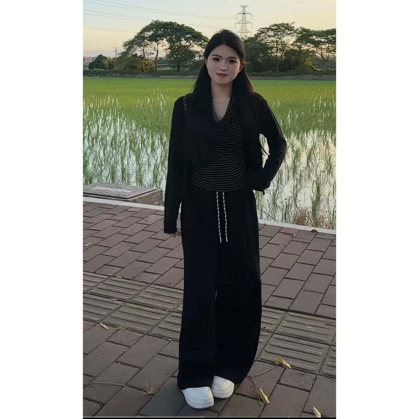 YOO[纯欲风]撞色条纹羊绒两件套811一欧货宽松显瘦糯米呢裤812一