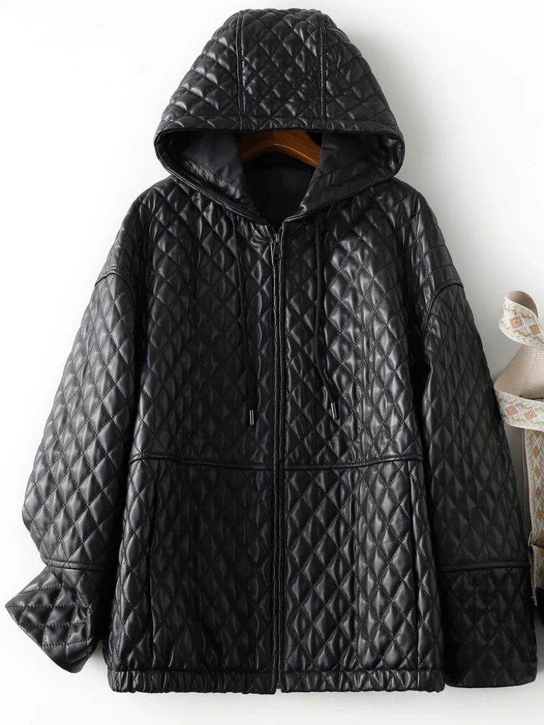 海宁冬季短款皮衣女款打格连帽棉服秋冬新款头层绵羊皮时尚外套