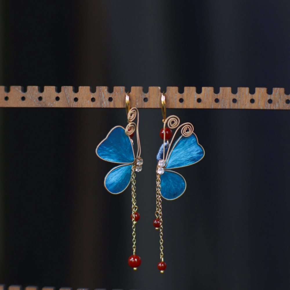 隐木 非金属木质耳饰 【梦蝶】非遗桑蚕丝绒花工艺蝴蝶耳环中式