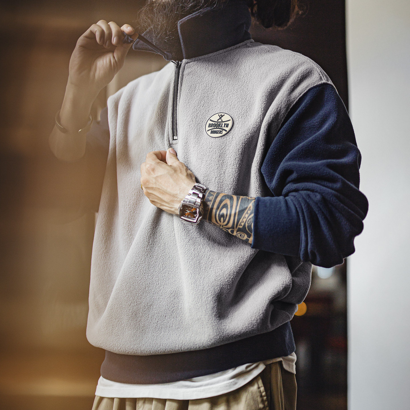 马登工装美式摇粒绒半开襟卫衣学院风polo领撞色套头保暖外套男秋