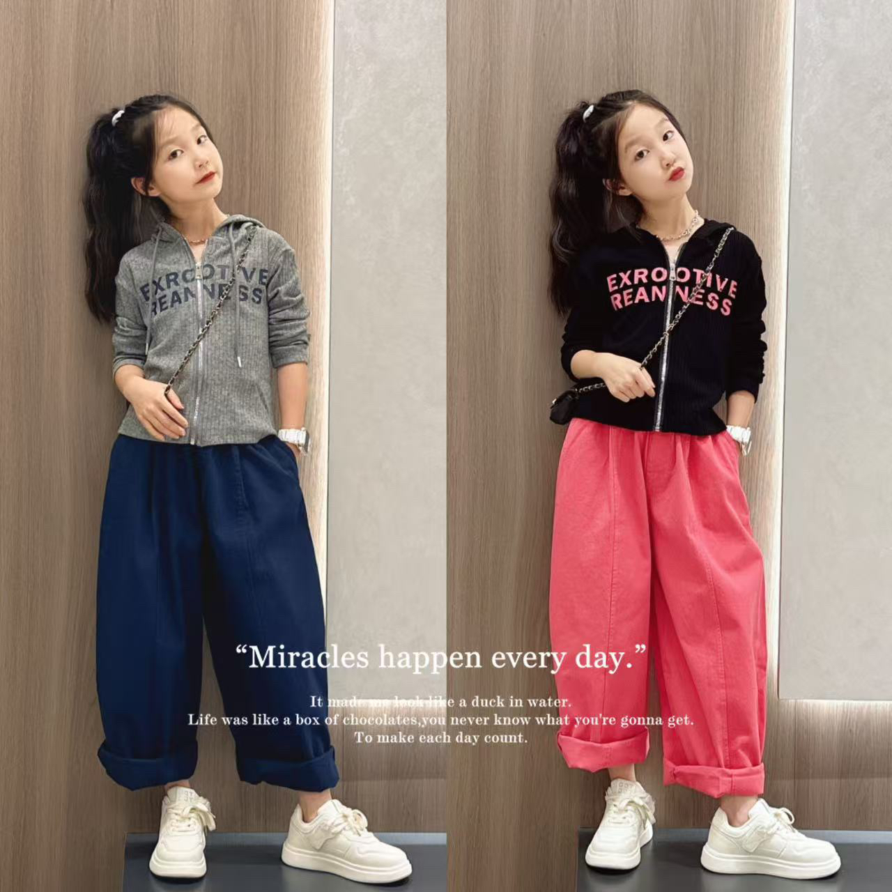 女童针织开衫套装2025秋季新款女孩修身连帽卫衣阔腿裤休闲