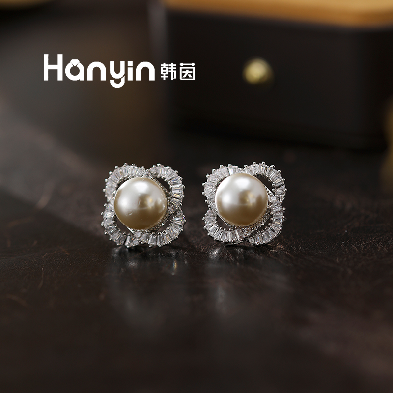 铜合金仿珍珠耳饰 925银针 10mm韩国摩卡慕斯珠珠四叶草耳钉AAA