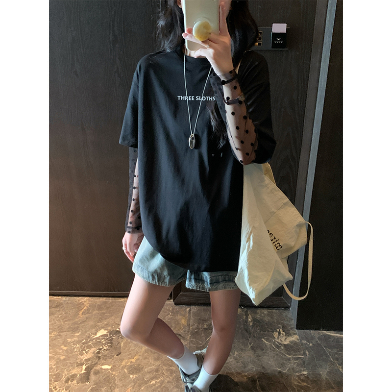 胖mm大码设计感拼接网纱假两件长袖防晒罩衫T恤女装夏季新款上衣