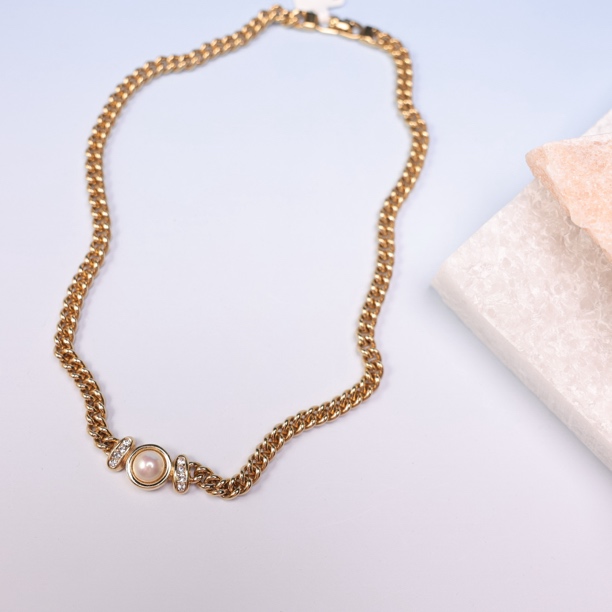 95新 DIOR/迪奥 柚礼中古/迪奥莱茵石珍珠项链la512027