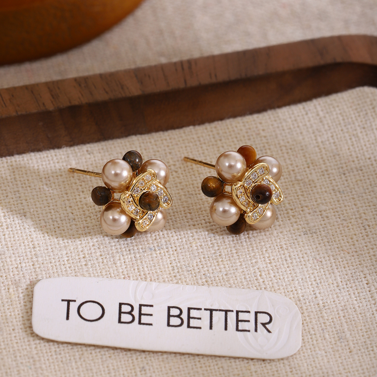 铜合金锆石耳饰 法式复古美拉德虎眼石撞色珍珠花球耳钉百搭耳饰