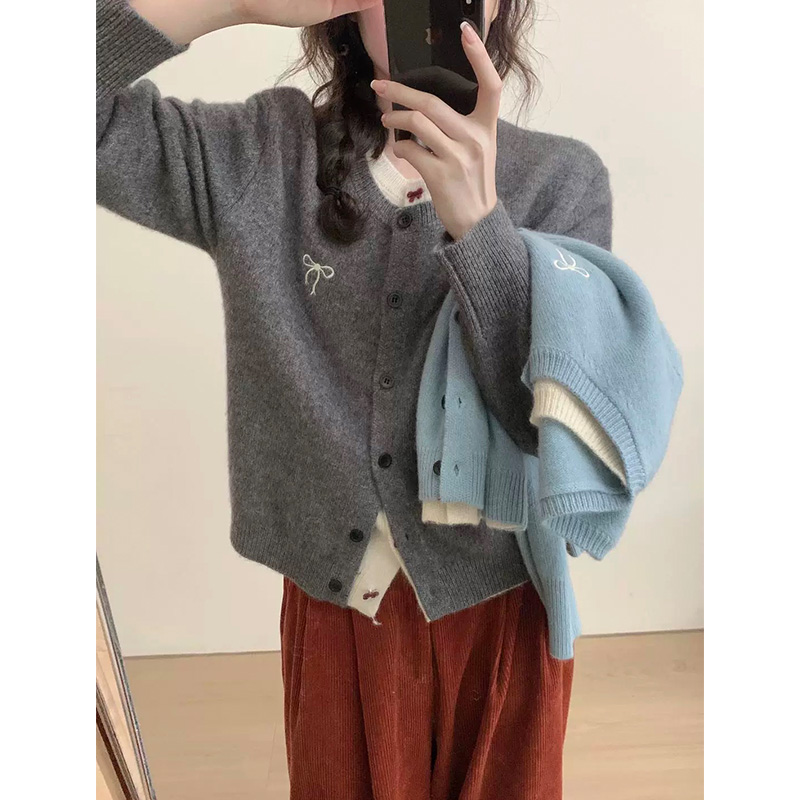 【蝴蝶结假两件】小个子拼接假两件春装新款针织开衫女