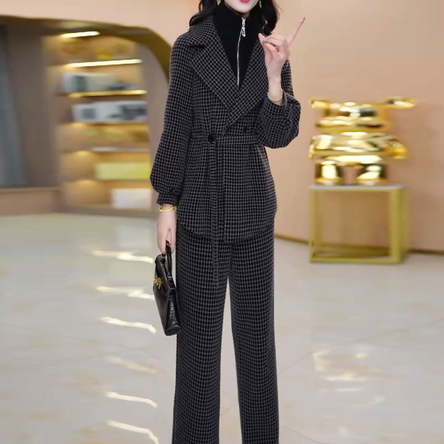 W8156小香风时尚套装女2025新款秋冬高级感贵夫人妈妈两件套裤