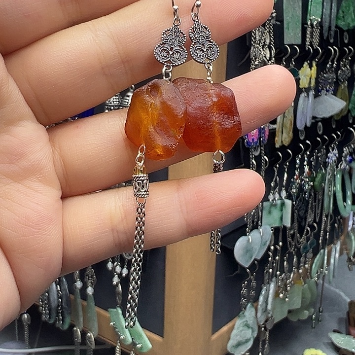 琥珀银S925镶嵌耳饰