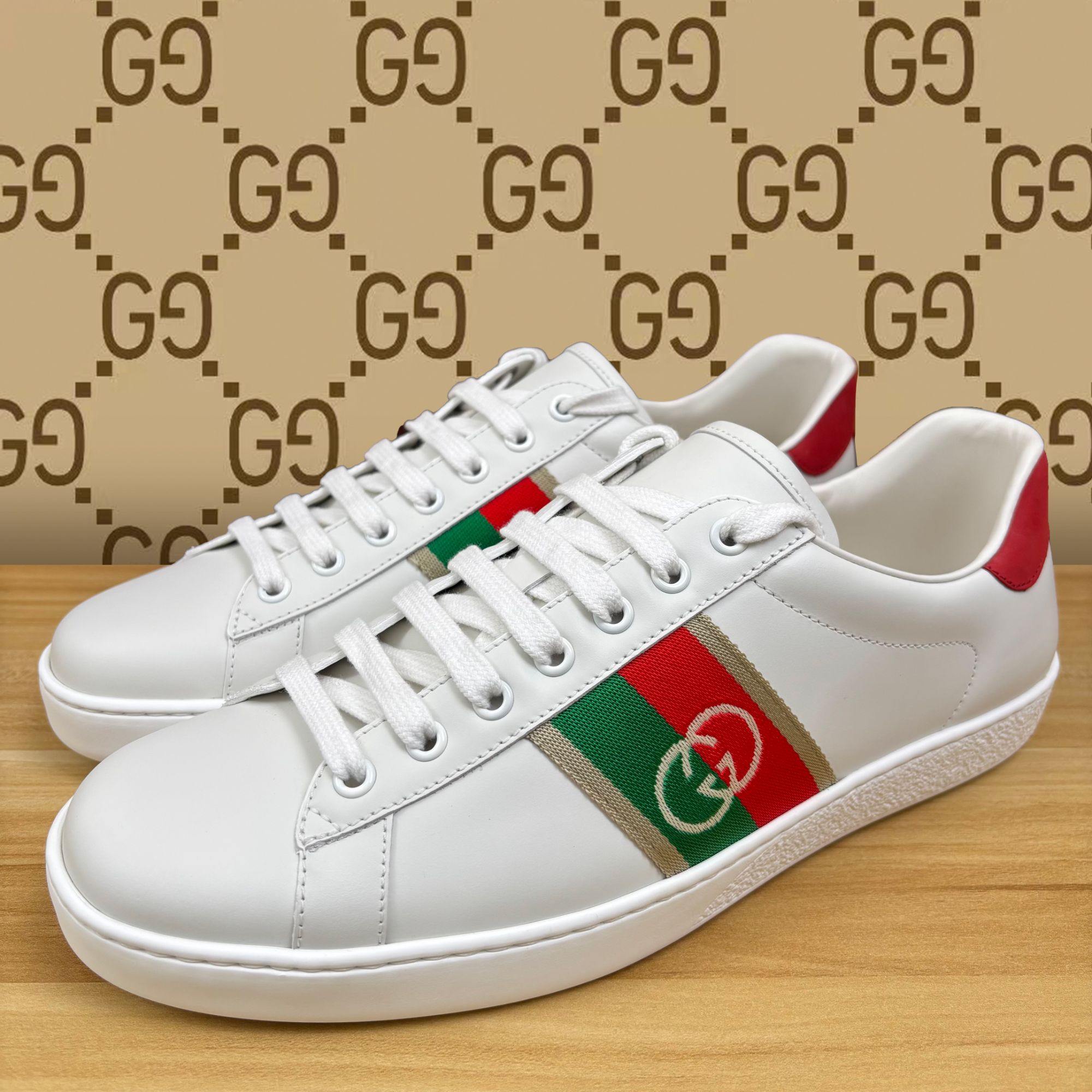 未使用 GUCCI/古驰 双G互扣搭配红绿织物带系带低帮板鞋男款