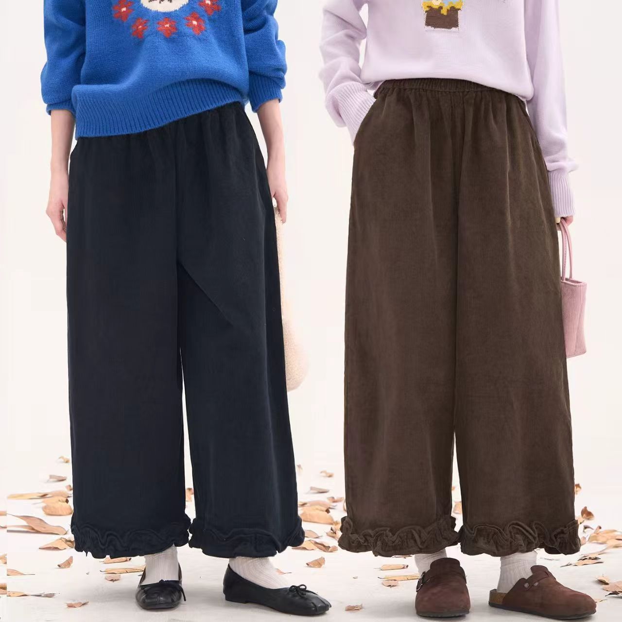 韩系简约高腰加绒加厚灯芯绒阔腿裤女秋季时尚松紧宽松显瘦休闲裤