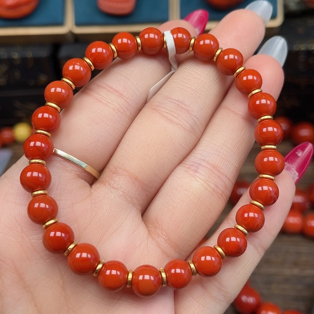 南红玛瑙银S925镶嵌手串瓦西满肉柿子锦diy卡7mm+