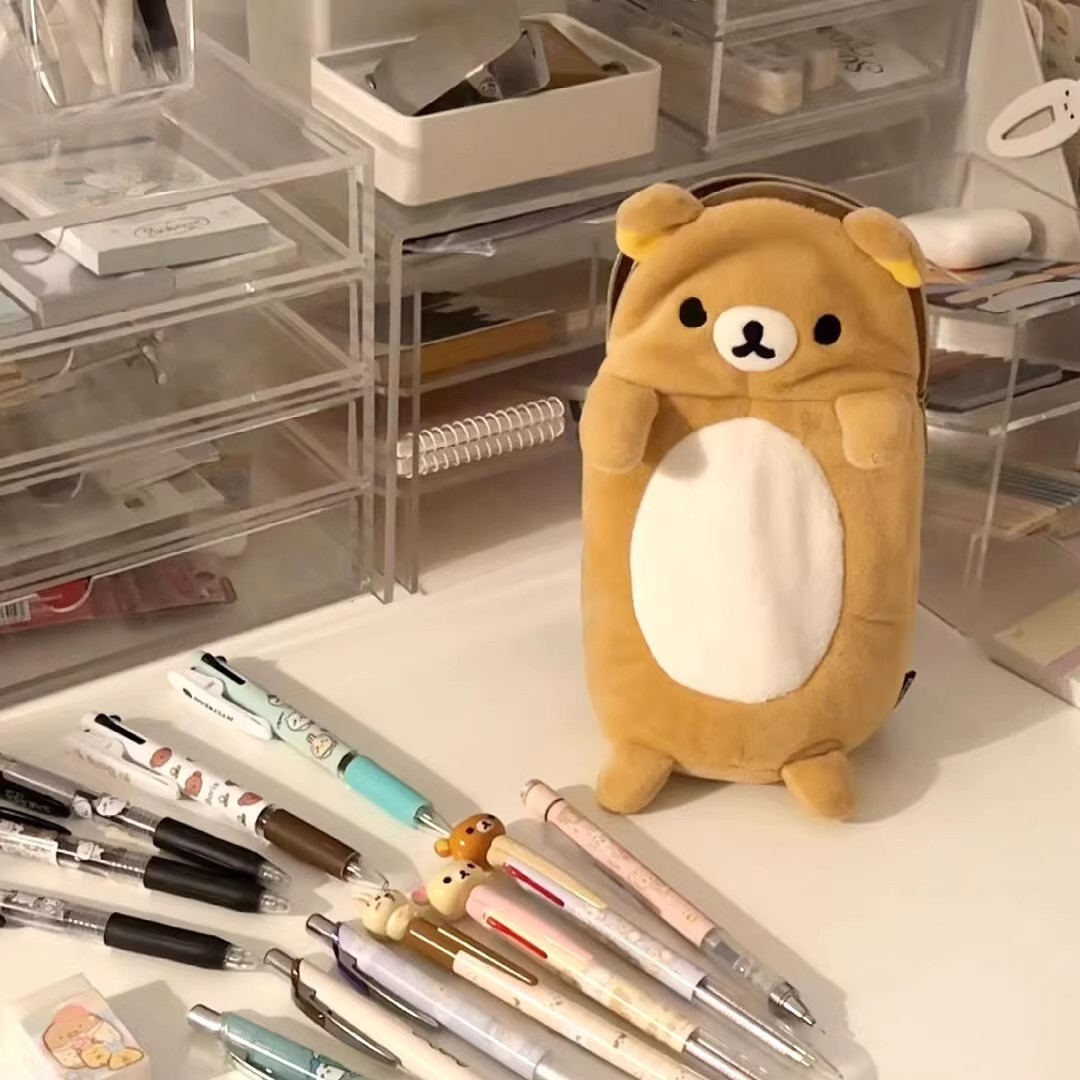 【站立轻松熊】可爱卡通毛绒高颜值笔袋小初高中学生文具笔盒收纳袋