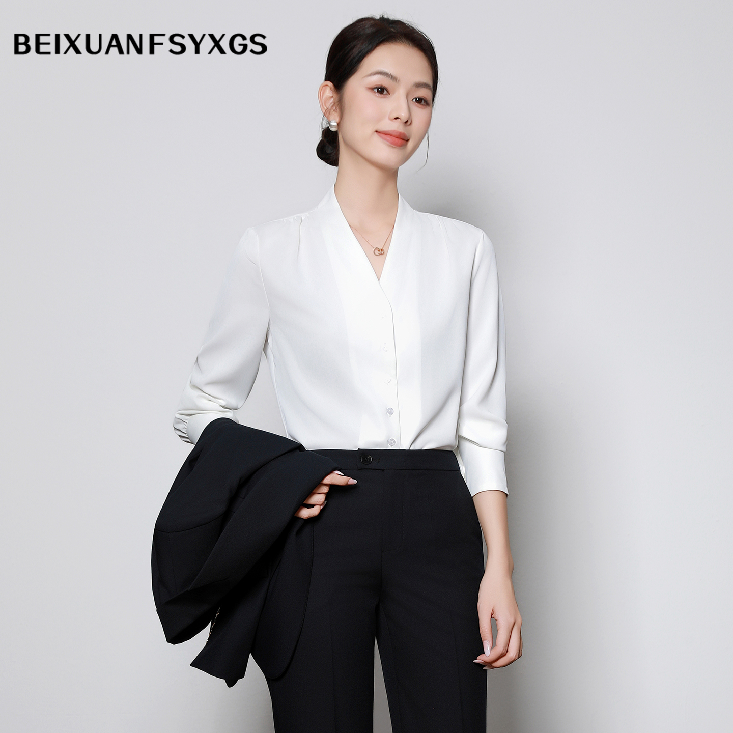 春季新款气质V领职业时尚白色衬衫白衬衫女长袖衬衣修身上衣C3002
