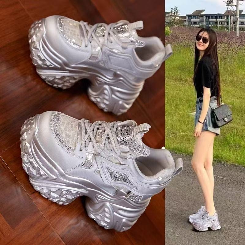 厚底水钻秋季内增高9CM老爹鞋女2025四季新款时尚松糕厚底运动鞋