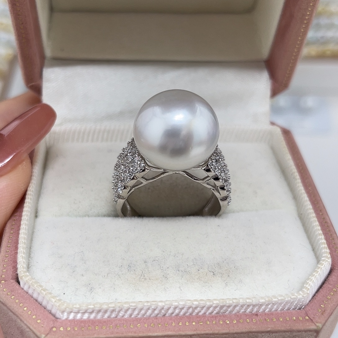 银S925镶嵌海水珍珠14-15澳白戒指