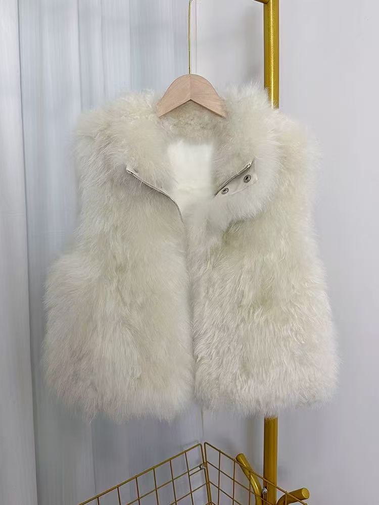 晴山暮雪  冬日保暖 软黄金山羊绒羊毛一体百搭立领皮草马甲外套