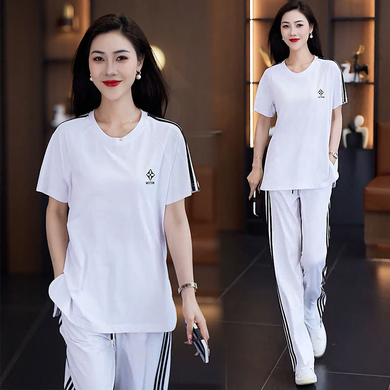 新款短袖上衣大码时尚休闲宽松韩版阔腿裤长裤外穿运动两件套套装