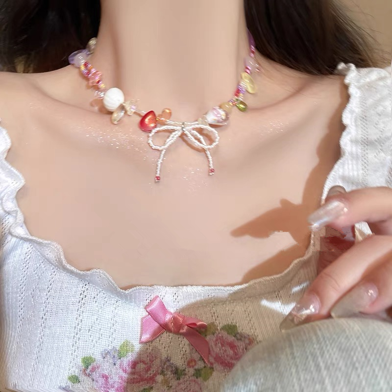非金属树脂项链 甜美彩色串珠糖果蝴蝶结项链小众多巴胺锁骨链