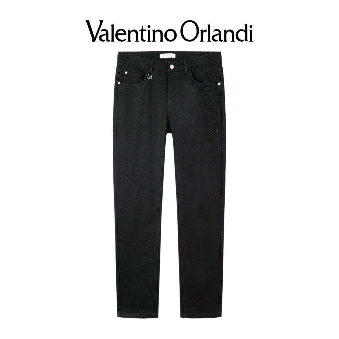 Valentino orlandi男士秋冬A版时尚百搭字母刺绣直筒加绒牛仔裤