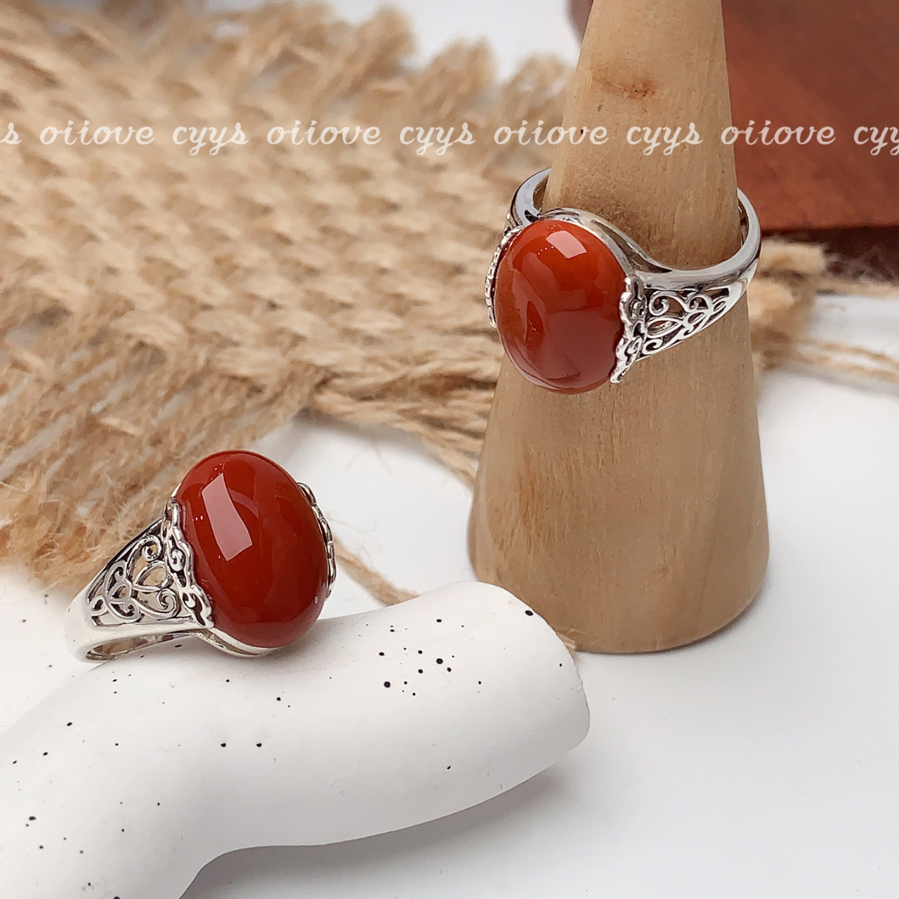 925银戒指 银镶嵌红戒指大气简洁款复古民族风