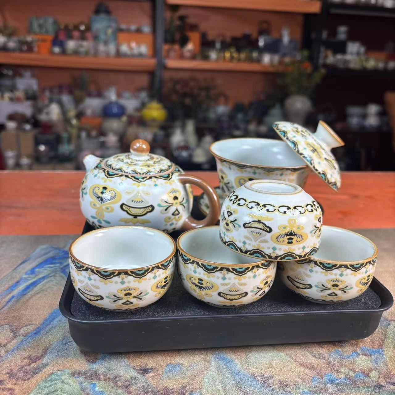 陶子茶具 汝窑敦煌西施壶悬停盖碗一壶四杯家用泡茶壶-2687