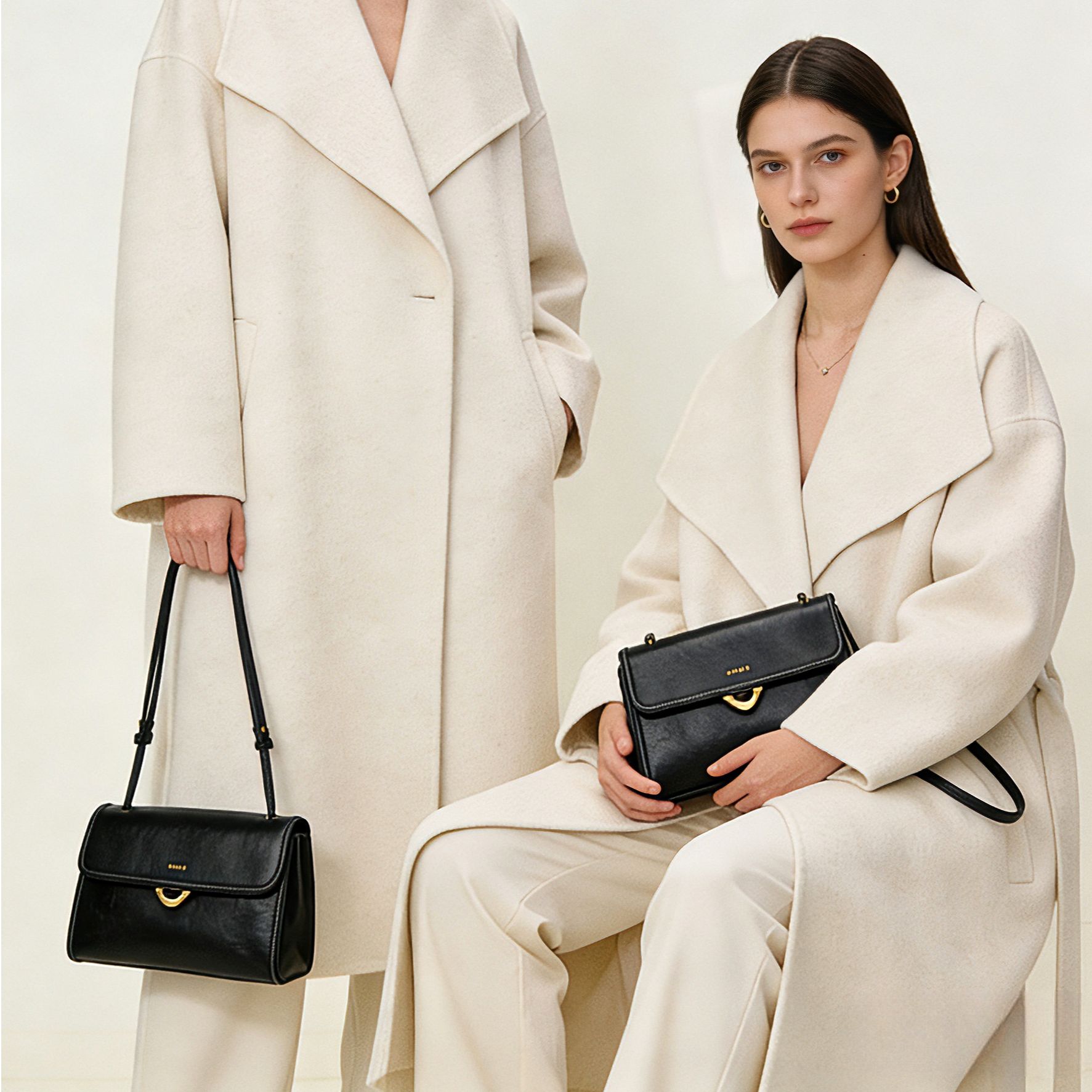 HONGU/红谷【先享双12】头层牛皮轻职风单肩女士斜挎包风黑色女包