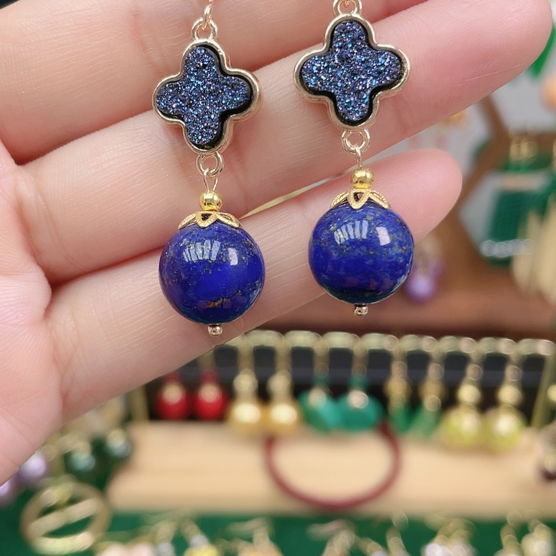 青金石合金耳饰青金石四叶草配件