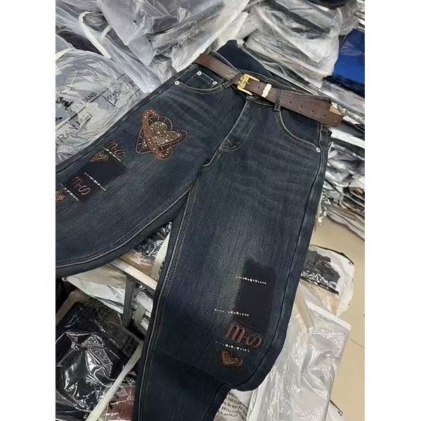 印钻老爹裤牛仔裤加绒加厚款女裤裤子宽松韩版显瘦高腰休闲百搭