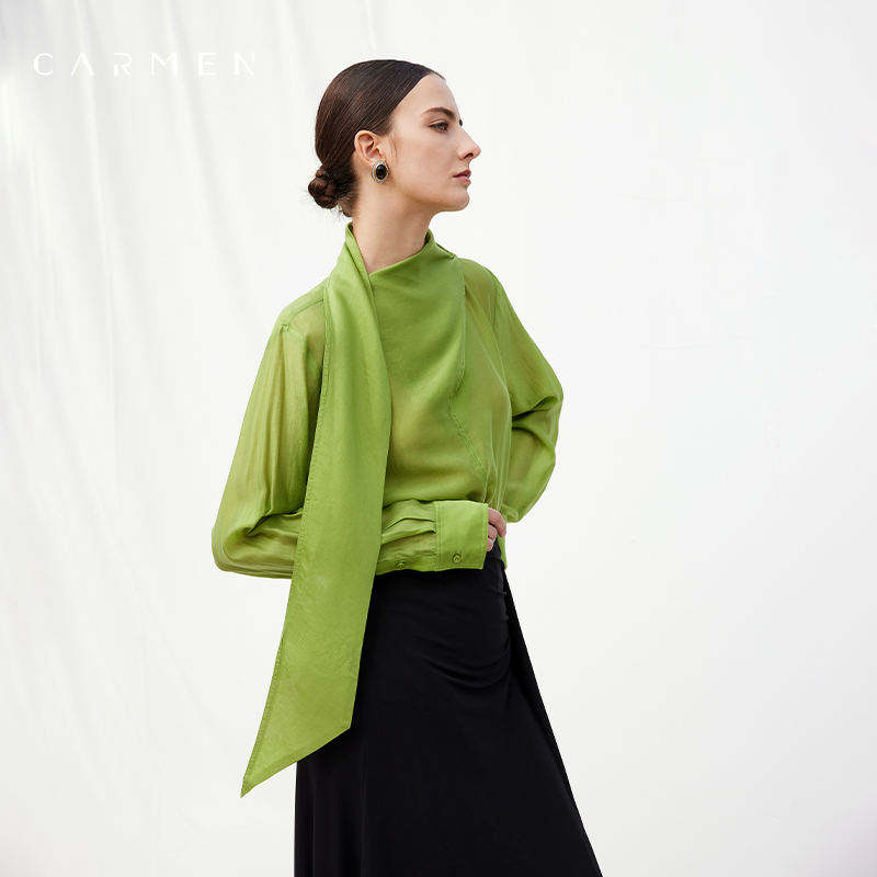 Carmen高级感天丝衬衫女上衣2025春装新款轻奢设计感长袖飘带衬衣