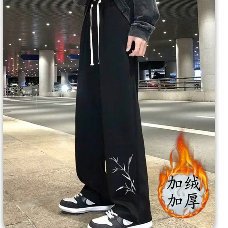 冬季加绒休闲裤子男士高街印花运动裤秋冬款男生百搭宽松直筒长裤
