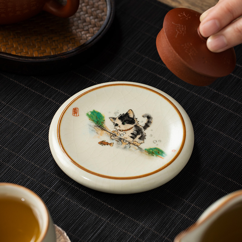 汝窑可爱猫咪陶瓷盖置中式家用功夫茶具配件隔热垫子茶壶盖茶托
