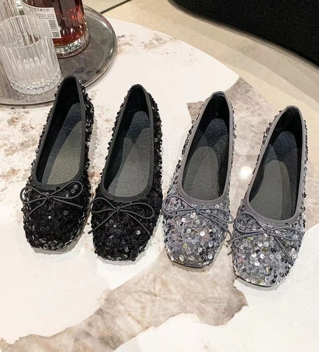 闪闪亮片单鞋女软底蝴蝶结浅口豆豆鞋时尚仙女瓢鞋607