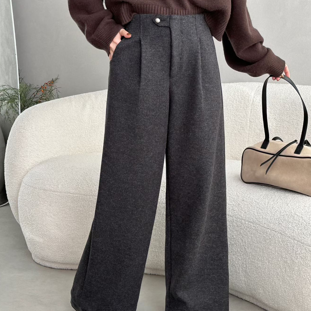 女士秋冬加厚毛呢阔腿九分裤宽松显瘦直筒休闲裤