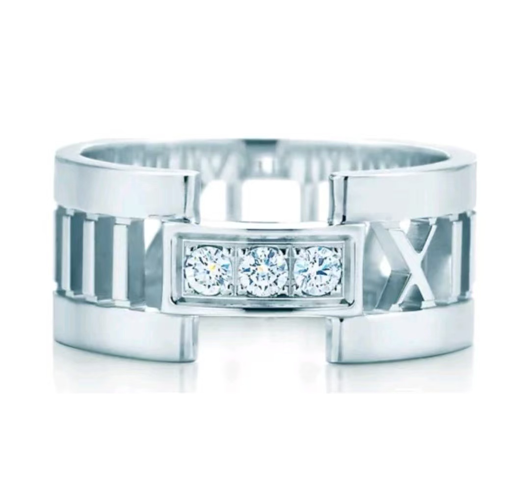 99新 Tiffany & Co./蒂芙尼 ATLAS白金罗马三钻戒指53号W52853 Q