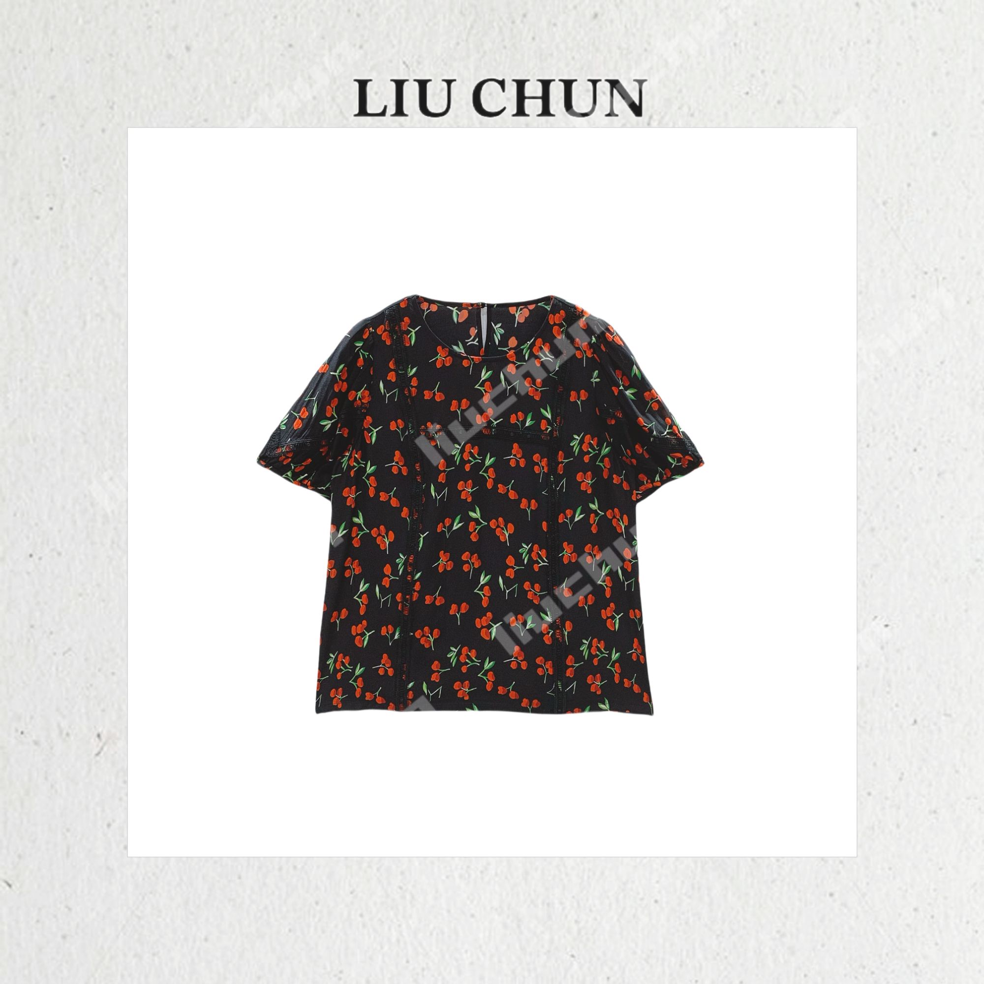 【小樱桃碎花】CHUN家时尚百搭夏季宽松桑蚕丝双绉上衣