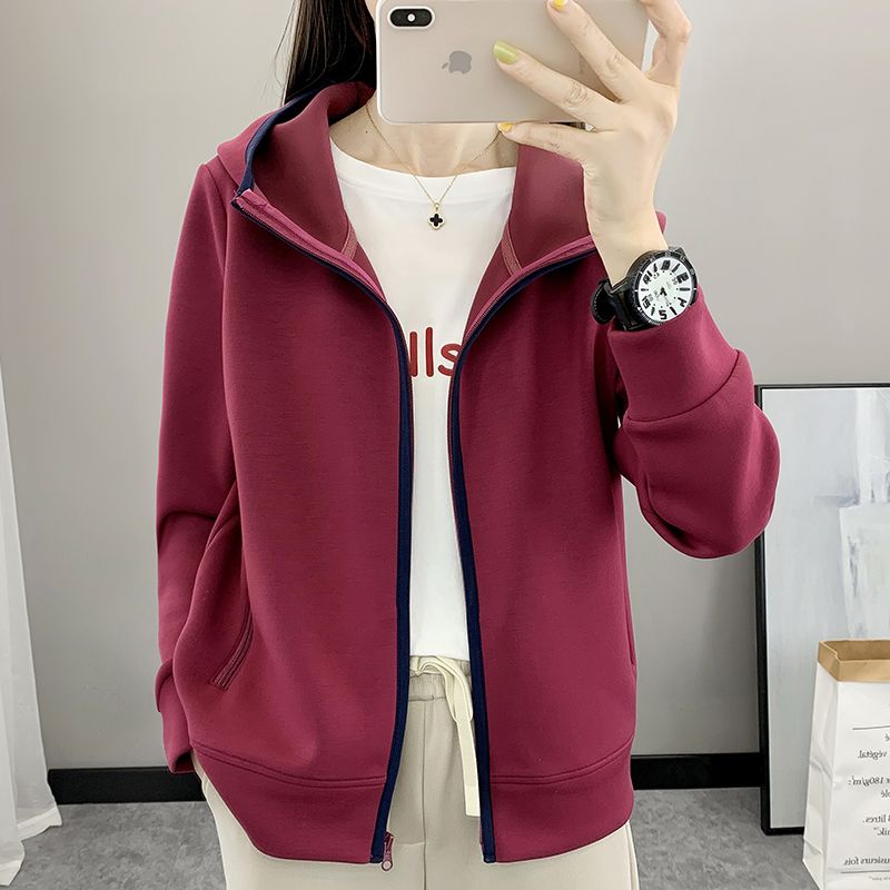 春秋新款户外运动卫衣女时尚连帽休闲轻薄开衫拼色抓绒衣百搭外套