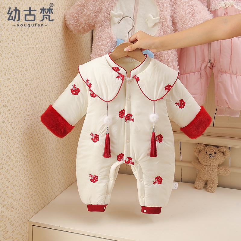 婴儿衣服冬装连体棉衣国风宝宝外出棉服周岁女幼儿哈衣喜庆拜年服