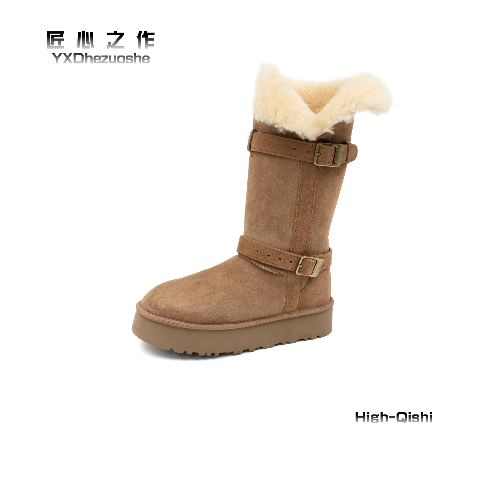 【涵涵】2025骑士款中筒冬季厚底羊皮毛一体防水台中筒雪地靴