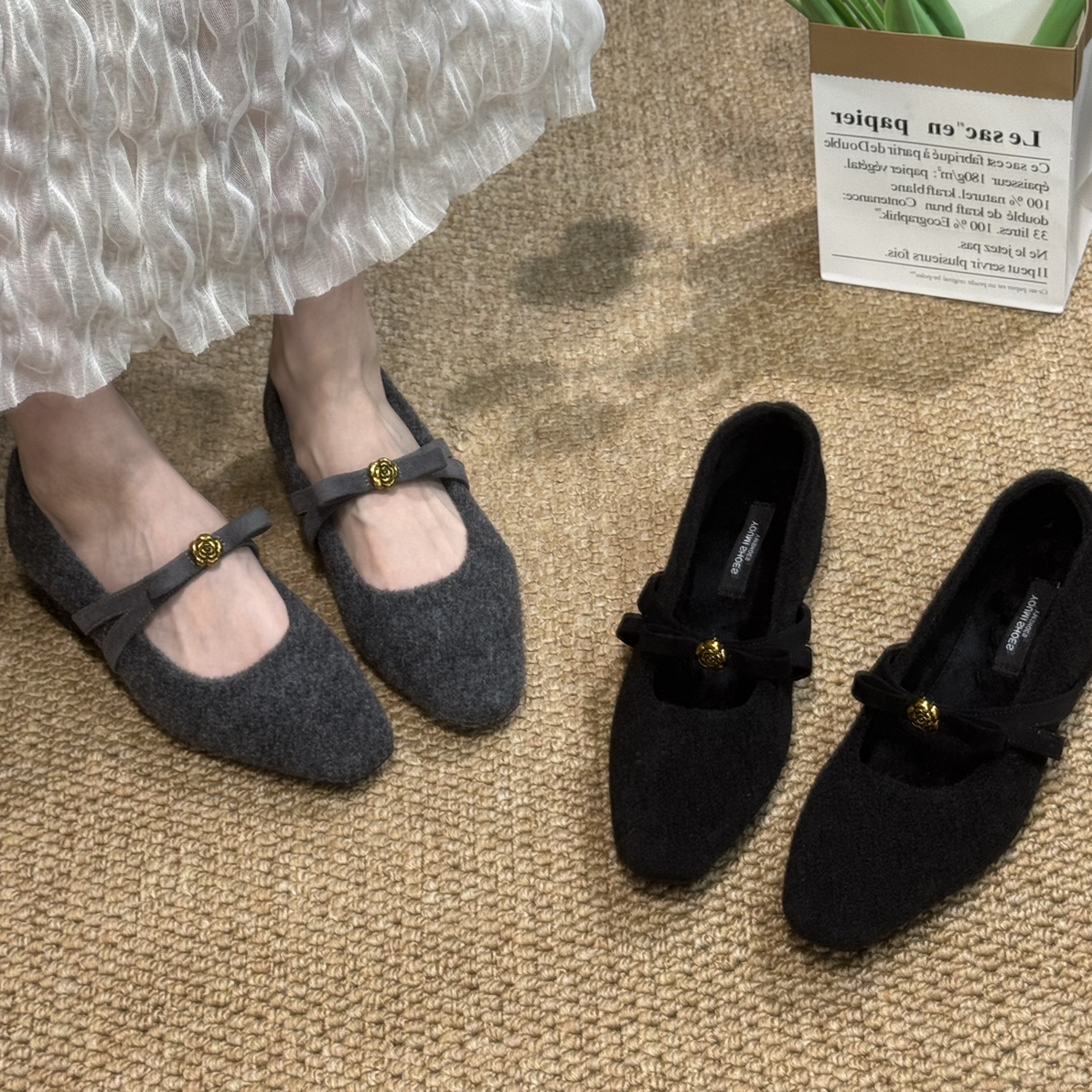 赫本风山茶花加绒厚款秋冬增高单鞋法式秋冬浅口鞋低跟软底百搭